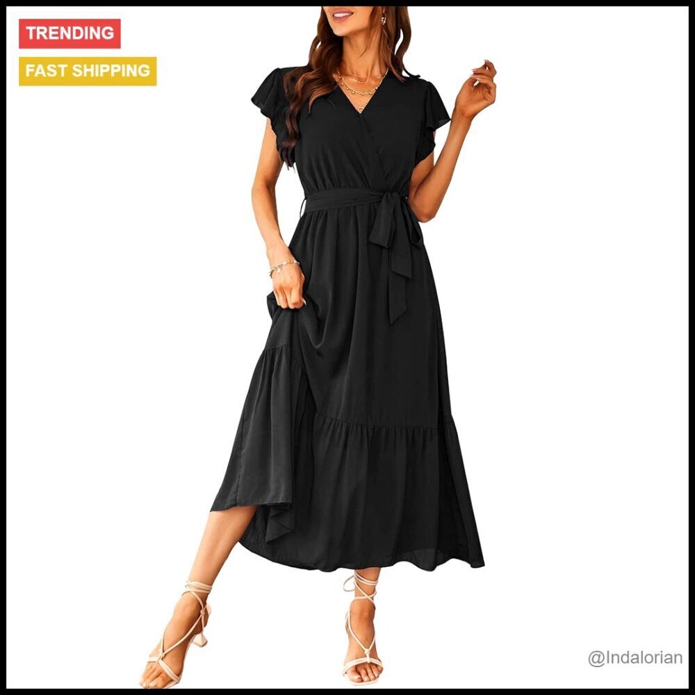 Boho Maxi Dress Flowy Wrap V Neck Ruffle Hem Summer Wedding Guest Formal